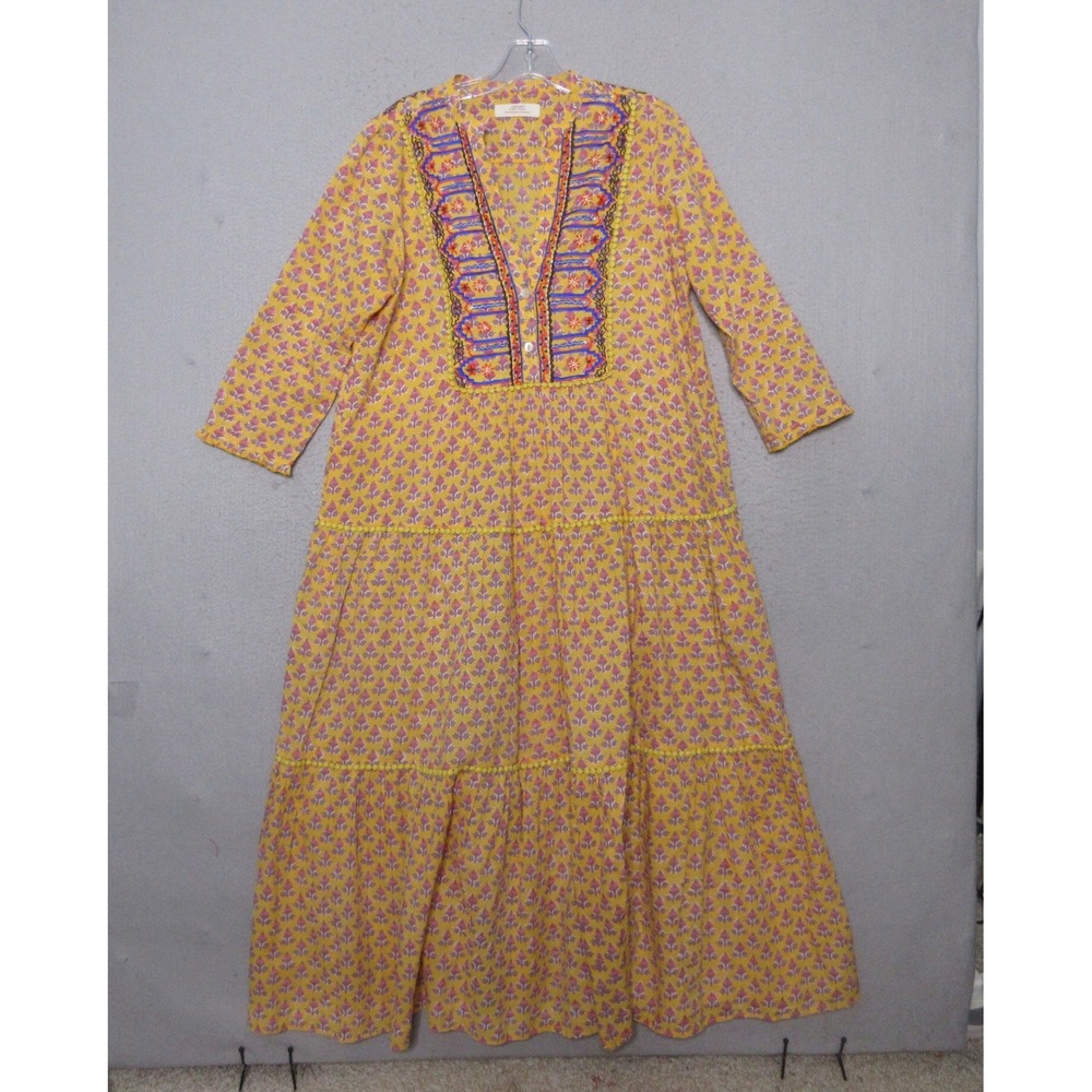 eShakti Artisanal Collection Dress Yellow Floral Tiered Maxi Boho  Embroidered